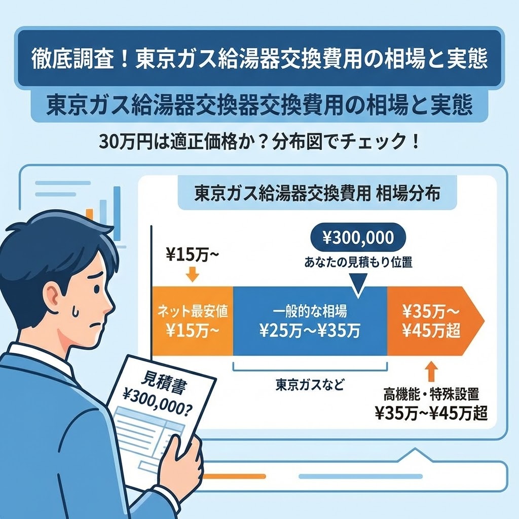 東京ガス給湯器交換費用の相場と実態を示す価格分布図。ネット最安値15万円から一般相場30万円、高機能機種45万円超までの価格帯比較グラフ