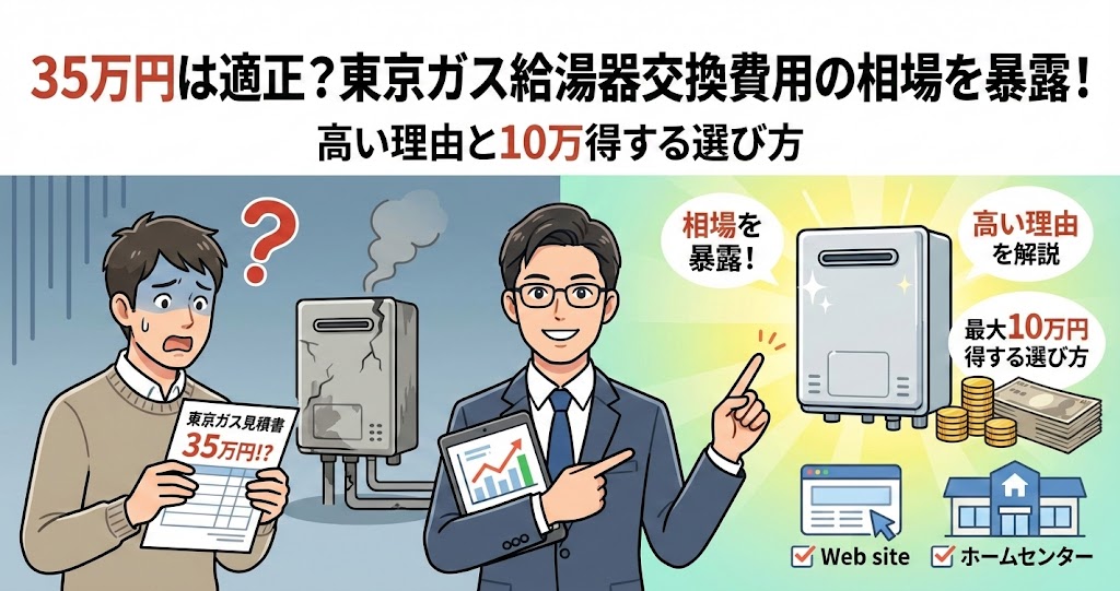 東京ガス給湯器交換費用の相場と高い理由を解説し、最大10万円得する選び方（Web、ホームセンター比較）を提案するアイキャッチイラスト。