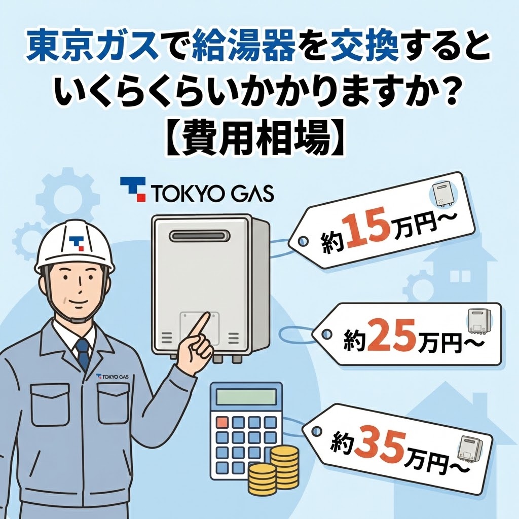 東京ガスでの給湯器交換にかかる費用相場を解説するイラスト。「いくらくらいかかりますか？」という問いに対し、東京ガスの作業員のイラストと共に、約15万円〜、約25万円〜、約35万円〜という具体的な価格帯の目安を値札で提示している。電卓と硬貨のアイコンで費用の計算をイメージさせている。