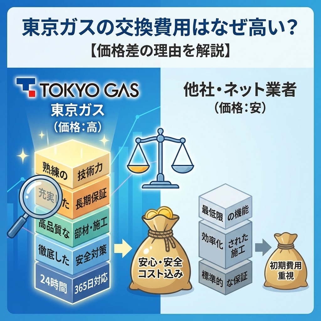 東京ガスの給湯器交換費用が高い理由と他社との価格差を解説する比較イラスト。東京ガス側は『熟練の技術』『長期保証』『安全対策』などの付加価値が積み上がり、『安心・安全コスト込み』であることを示す。他社・ネット業者側は『最低限の機能』『初期費用重視』であることを対比させ、天秤で両者の違いを視覚的に説明している。