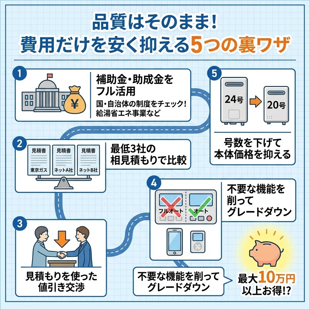 東京ガス給湯器交換費用を品質を落とさずに安く抑える5つの裏ワザ。補助金活用・相見積もり・値引き交渉・機能見直し・号数変更で最大10万円得する方法の図解