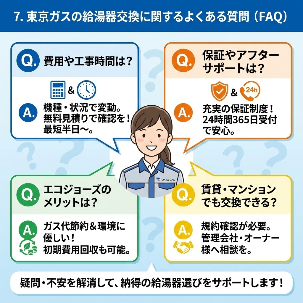 東京ガスの給湯器交換に関するよくある質問（FAQ）をまとめたインフォグラフィック。中央の東京ガススタッフを囲むように、「費用や工事時間は？」「保証やアフターサポートは？」「エコジョーズのメリットは？」「賃貸・マンションでも交換できる？」という4つの主要な質問と、それぞれの回答がイラスト付きで分かりやすく解説されている。