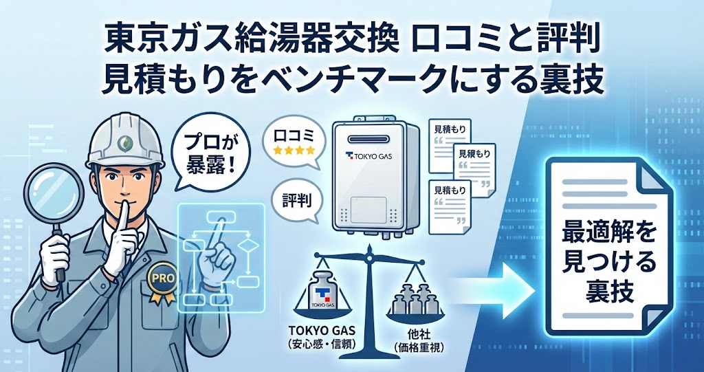 東京ガス給湯器交換の口コミと評判｜見積もりをベンチマークにする裏技のアイキャッチ画像。プロの作業員が、東京ガスと他社の給湯器を天秤にかけて比較し、最適な選び方の裏技を解説しているイラスト。