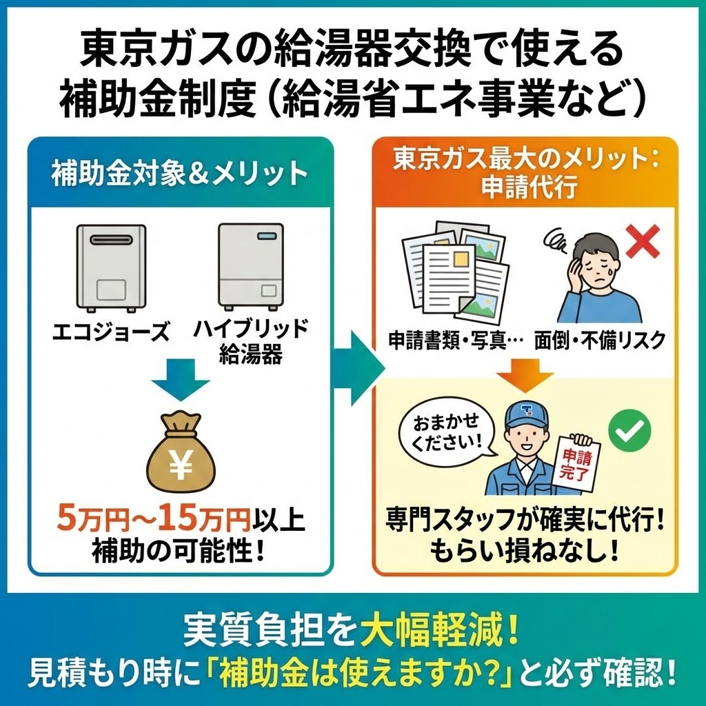 東京ガスの給湯器交換で使える補助金制度（給湯省エネ事業など）を解説するイラスト。左側では、エコジョーズやハイブリッド給湯器への交換で5万円〜15万円以上の補助金が受けられる可能性とメリットを提示。右側では、面倒な申請手続きを東京ガスの専門スタッフが確実に代行し、もらい損ねを防ぐ最大のメリットを強調。下部では、実質負担の大幅軽減のために見積もり時の確認を促している。