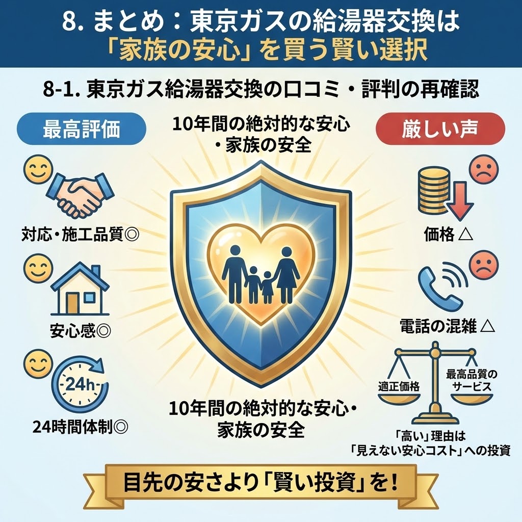 東京ガスの給湯器交換に関するまとめ画像。「口コミ・評判の再確認」として、対応・施工品質・安心感・24時間体制などの「最高評価」と、価格・電話の混雑といった「厳しい声」を対比。価格が高い理由は「見えない安心コスト」への投資であり「適正価格」であると天秤のイラストで解説。中央の盾のイラストで「10年間の絶対的な安心・家族の安全」を強調し、目先の安さよりも「賢い投資」を選ぶよう促している。