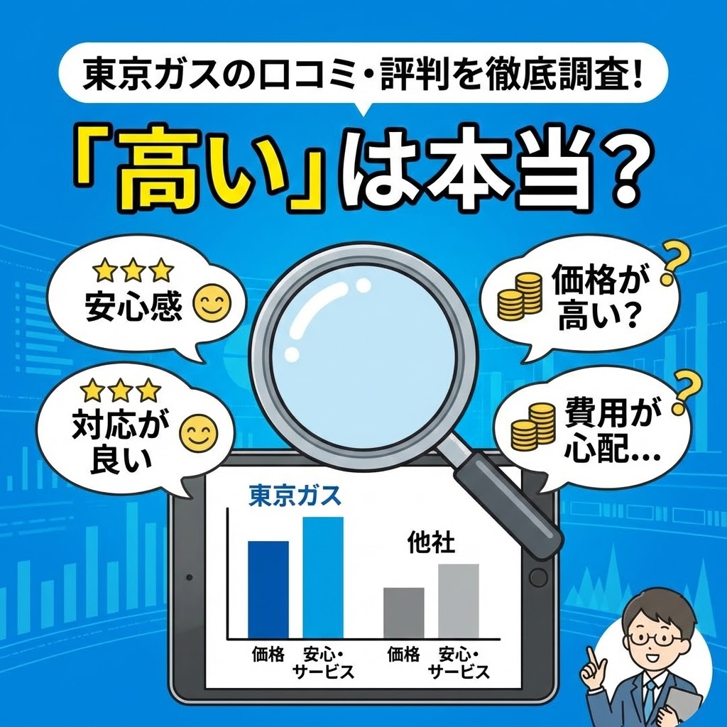 東京ガスの給湯器交換の口コミ・評判で、「高い」という噂は本当かを徹底調査しているイラスト。虫眼鏡で「安心感」「対応が良い」というポジティブな意見と、「価格が高い？」「費用が心配…」というネガティブな意見を比較分析している。タブレットのグラフでは、東京ガスは価格が高いが安心・サービスが充実しており、他社は価格が安いが安心・サービスは標準的であることを示している。