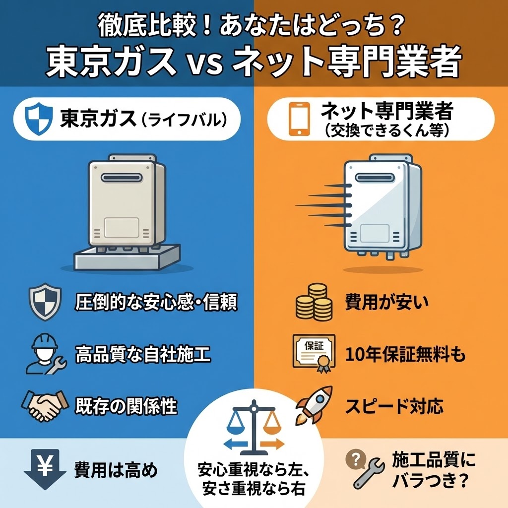 東京ガス（ライフバル）とネット専門業者（交換できるくん等）の給湯器交換比較イラスト。左側に東京ガスのメリット（安心感・高品質施工）とデメリット（費用高め）、右側にネット業者のメリット（安い・10年保証無料・スピード対応）とデメリット（施工品質の不安）をアイコン付きで対比。「安心重視なら左（東京ガス）、安さ重視なら右（ネット業者）」という選択基準を天秤で示している。
