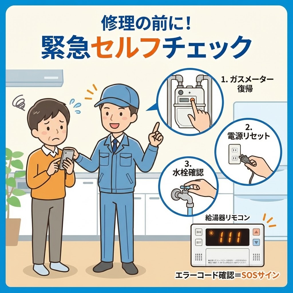 東京ガス給湯器の修理を呼ぶ前に確認すべき緊急セルフチェックのイラスト解説。ガスメーター復帰、電源プラグの抜き差しによるリセット、水栓確認の3つの手順と、エラーコードはSOSサインであることを図解している。