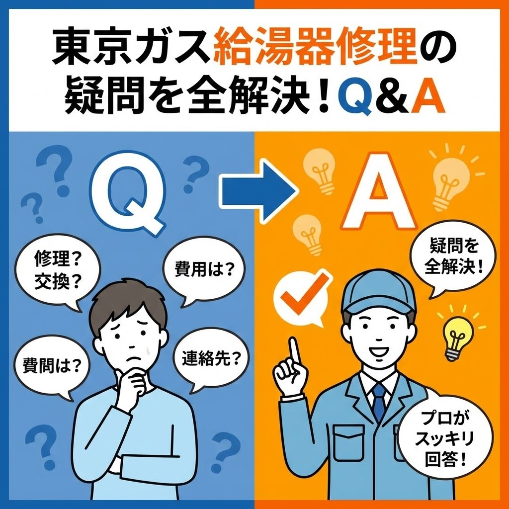 「東京ガス給湯器修理の疑問を全解決！Q&A」と題したイラスト。左側のユーザーが修理か交換か、費用や連絡先について悩む「Q」に対し、右側のプロの作業員が「A」として全ての疑問をスッキリ解決に導く様子を図解している。