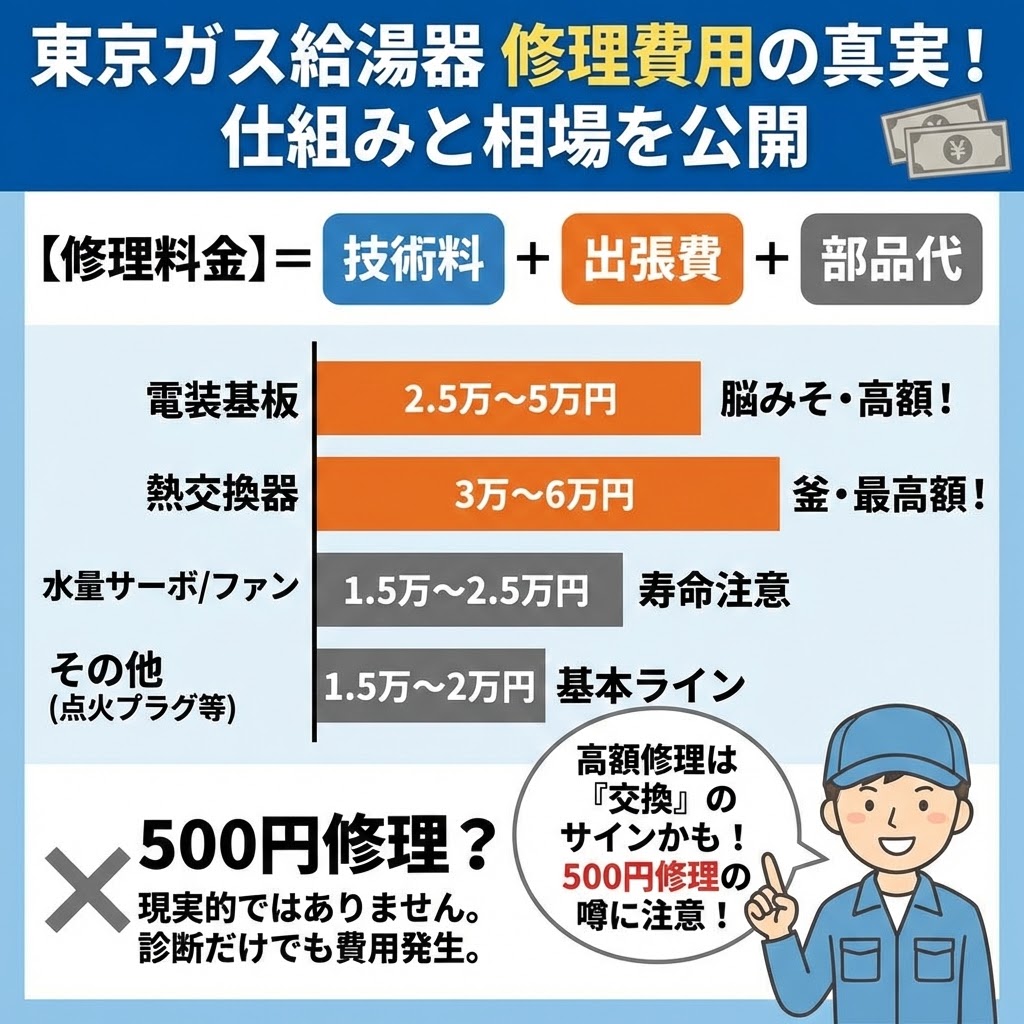 東京ガス給湯器の修理費用が「技術料＋出張費＋部品代」で構成される仕組みと、電装基板（2.5万〜5万円）や熱交換器（3万〜6万円）など主要部品ごとの概算修理相場を棒グラフで示した図解。「500円修理」の噂を否定し、高額修理は交換のサインであることもプロの作業員キャラクターが解説している。