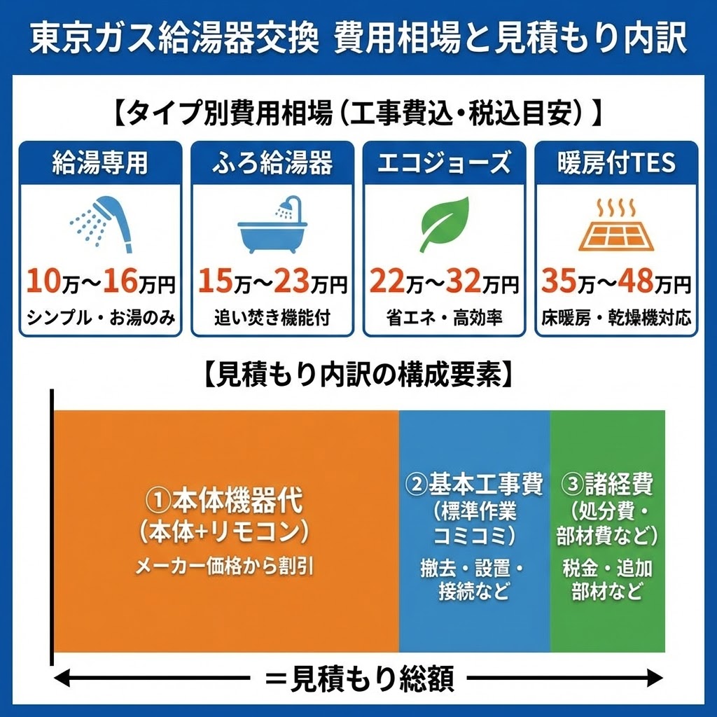 東京ガス給湯器交換の費用相場と見積もり内訳を示すイラスト。タイプ別（給湯専用・ふろ給湯器・エコジョーズ・暖房付TES）の工事費込み価格目安表と、見積もり総額を構成する本体機器代、基本工事費、諸経費の割合を示す図を掲載。