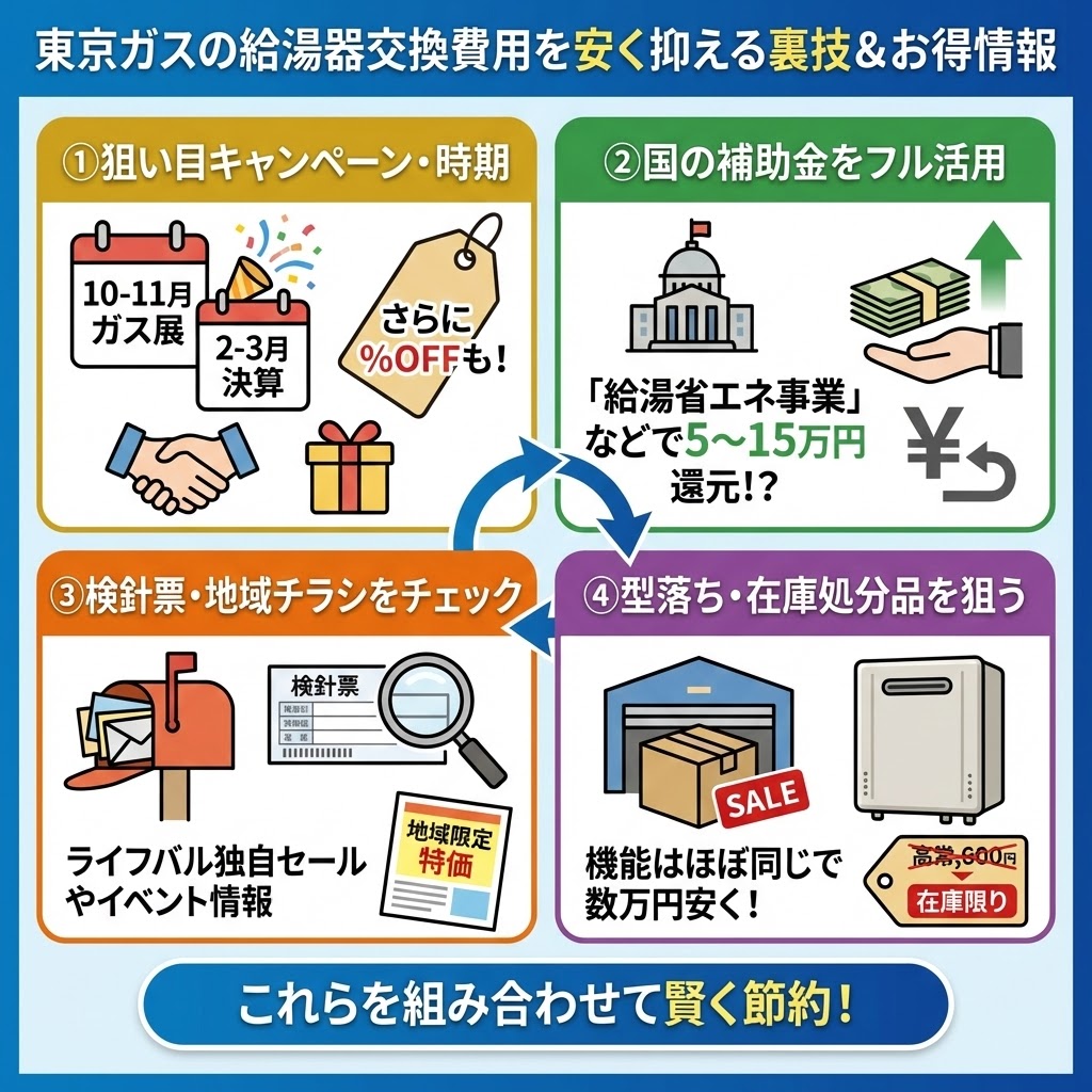 東京ガスの給湯器交換費用を安く抑える裏技とキャンペーン・補助金情報をまとめた図解イラスト。狙い目のキャンペーン時期（ガス展・決算）、給湯省エネ事業などの補助金活用、検針票やチラシでのライフバル独自セール確認、型落ち・在庫処分品狙いといった4つの具体的な節約方法を解説している。