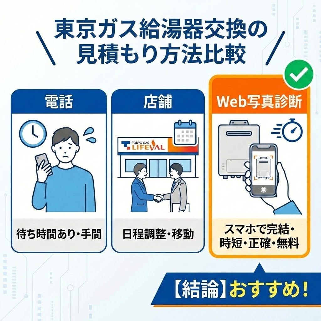 東京ガス給湯器交換の見積もり方法（電話・店舗・Web写真診断）を比較したイラスト。各方法のメリット・デメリットを図示し、Web写真診断が「スマホで完結・時短・正確・無料」で最もおすすめであることを強調している。