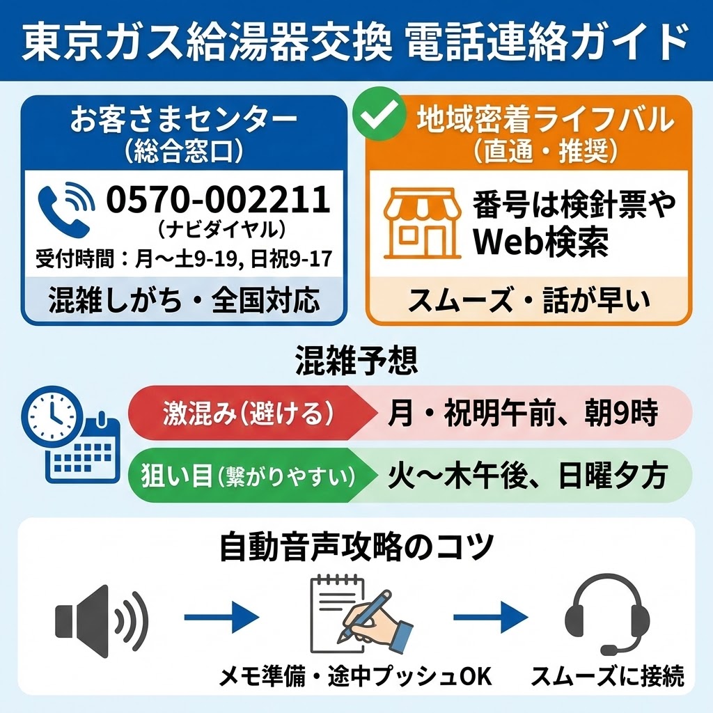 東京ガス給湯器交換に関する電話連絡ガイドのイラスト。お客さまセンター（0570-002211）の受付時間と混雑状況、推奨される地域密着ライフバルへの連絡方法、電話が繋がりやすい・にくい時間帯の混雑予想、自動音声ガイダンスをスムーズに突破するためのコツをまとめている。