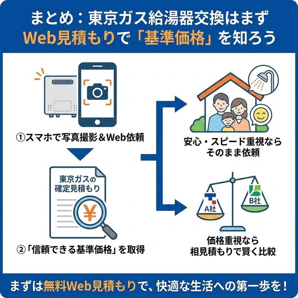 東京ガス給湯器交換のまとめ図解。「まずWeb見積もりで『基準価格』を知ろう」をテーマに、スマホ撮影による見積もり依頼から、信頼できる基準価格の取得、そして安心・スピード重視（そのまま依頼）か価格重視（相見積もり比較）かを選択するまでのフローをイラストで解説している。