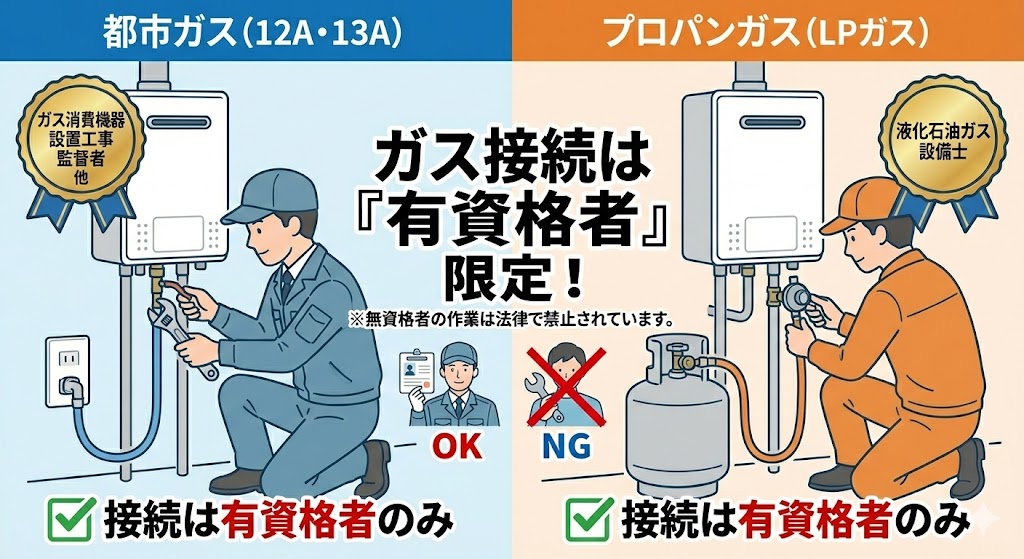 都市ガス（12A・13A）とプロパンガス（LPガス）のガス給湯器接続工事は、どちらも法律で「有資格者」に限定されていることを説明するイラスト。左側には都市ガスの有資格者（ガス消費機器設置工事監督者 他）、右側にはプロパンガスの有資格者（液化石油ガス設備士）による作業風景が描かれ、中央には「無資格者の作業は法律で禁止されています（NG）」と明記されている。