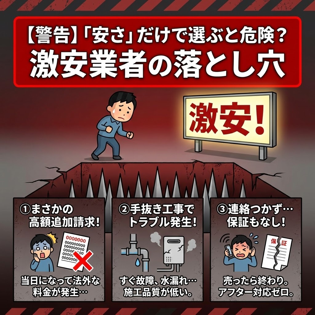 「【警告】「安さ」だけで選ぶと危険？激安業者の落とし穴」と題された図解イラスト。「激安！」の看板に惹かれた人物が、トゲのある落とし穴に落ちそうになっている。穴の中には3つの危険が示されている。①「まさかの高額追加請求！」（高額請求書に驚く様子と「当日になって法外な料金が発生」のテキスト）、②「手抜き工事でトラブル発生！」（水漏れ・故障した給湯器と「すぐ故障、水漏れ…施工品質が低い」のテキスト）、③「連絡つかず…保証もなし！」（電話が繋がらない様子、破れた保証書と「売ったら終わり。アフター対応ゼロ」のテキスト）。