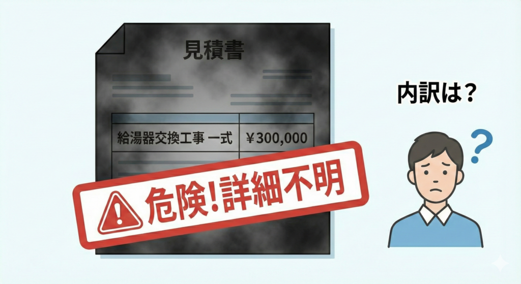 悪徳業者に注意！詳細不明な「給湯器交換工事一式」見積もりの危険性を示す警告イラスト