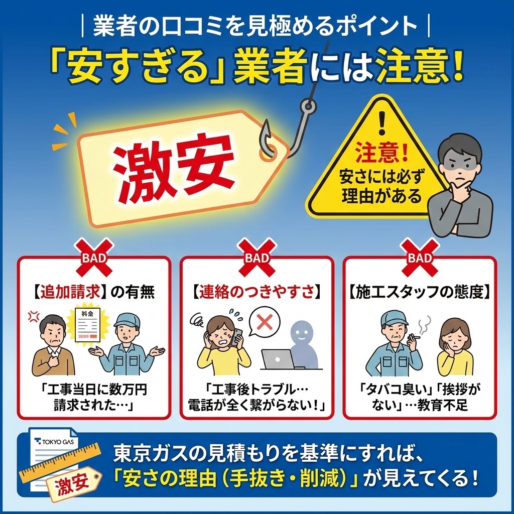 「業者の口コミを見極めるポイント｜『安すぎる』業者には注意！」というタイトルのインフォグラフィック。「激安」の裏には理由があるとし、注意すべき悪い口コミの例として「【追加請求】工事当日に数万円請求された」「【連絡のつきやすさ】工事後トラブルで電話が繋がらない」「【施工スタッフの態度】タバコ臭い、挨拶がない（教育不足）」の3点をイラスト付きで紹介。最後に「東京ガスの見積もりを基準にすれば、『安さの理由（手抜き・削減）』が見えてくる！」と結論付けている。