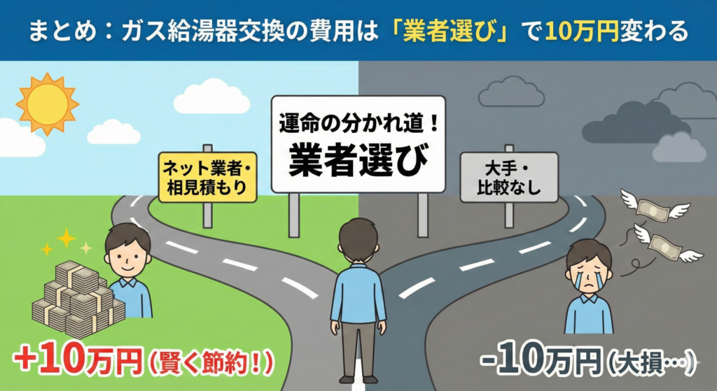 給湯器交換のまとめ：業者選びで費用に10万円の差が出ることを示した運命の分かれ道イラスト