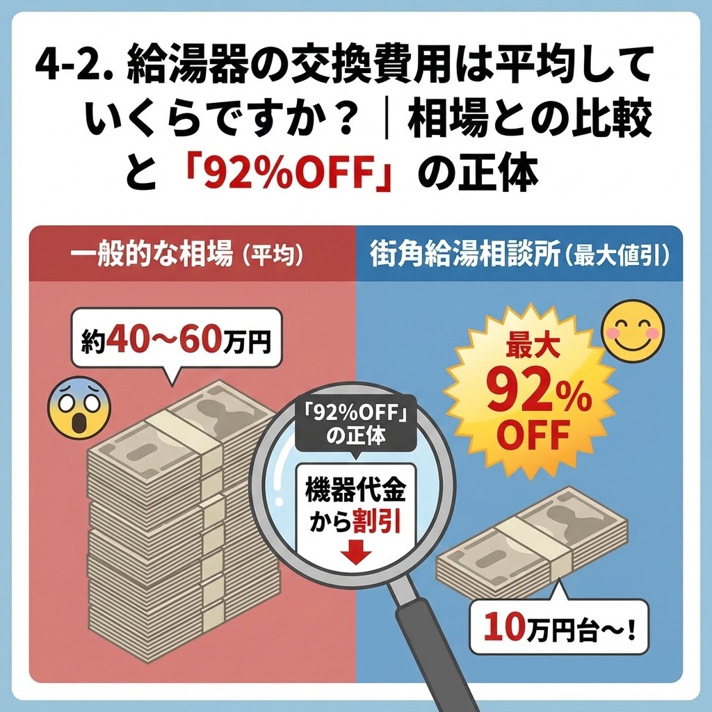 給湯器交換費用の平均相場（約40〜60万円）と街角給湯相談所の割引価格（10万円台〜）を比較したイラスト。「最大92%OFF」という割引の正体が「機器代金からの割引」であることを、虫眼鏡を使って解説している。