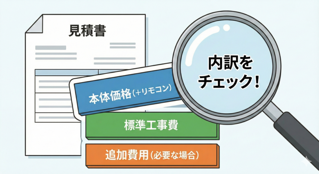給湯器交換の見積書の内訳を図解：本体価格、標準工事費、追加費用を虫眼鏡でチェックするイラスト