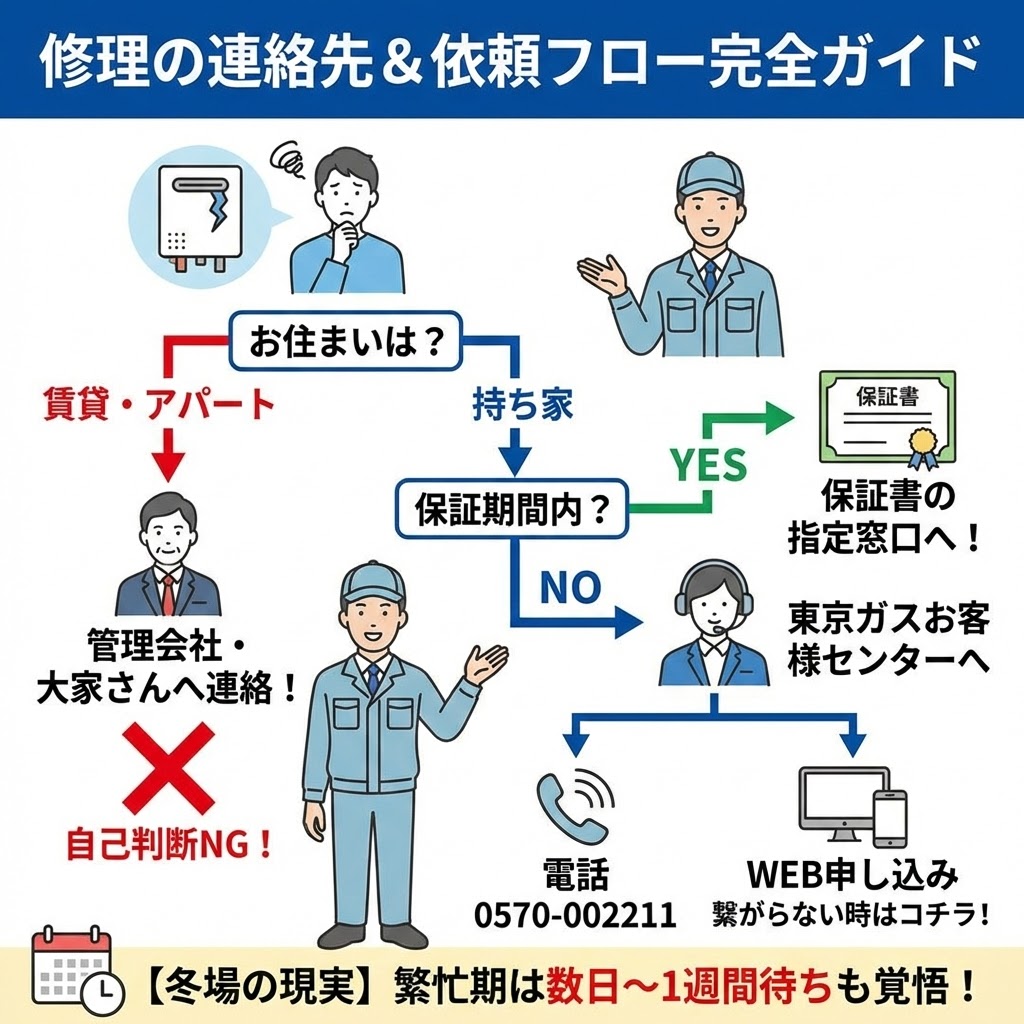 給湯器修理の連絡先と依頼フローを示すフローチャート画像。賃貸・アパートの場合は管理会社へ、持ち家の場合は保証期間内なら保証書の窓口へ、保証期間外なら東京ガスお客様センター（電話・WEB）へ連絡する流れを図解。賃貸での自己判断NGや、冬場の繁忙期は数日から1週間待ちになる注意点も記載されている。