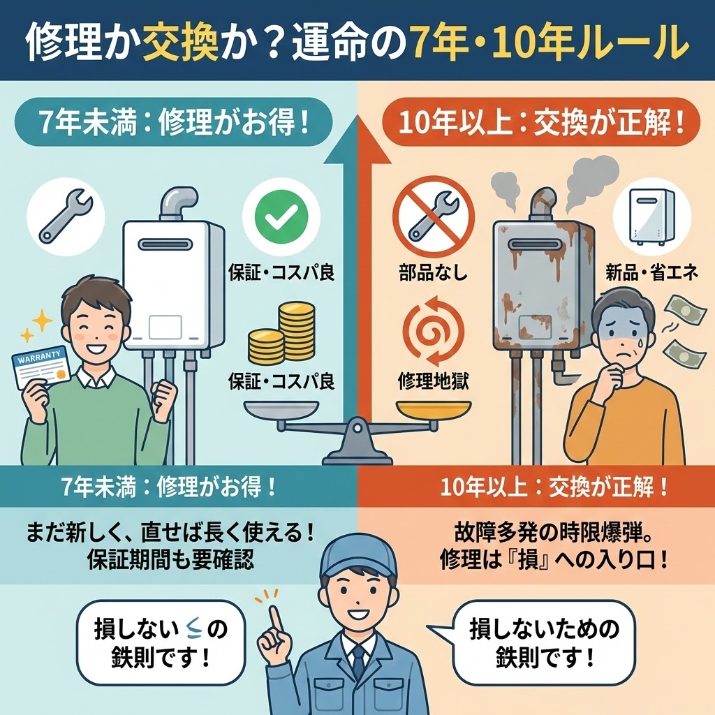 給湯器の修理か交換かを判断するための「運命の7年・10年ルール」を解説した比較イラスト。設置7年未満は修理がおすすめで保証やコスパが良い一方、10年以上は部品不足や「修理地獄」のリスクがあるため新品への交換が正解であることを、プロの作業員が図解している。