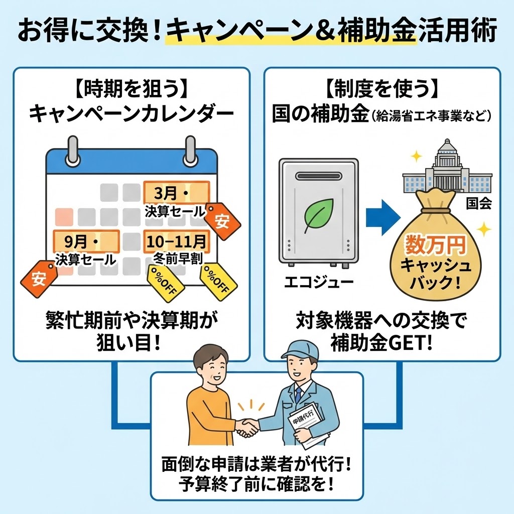 給湯器をお得に交換するためのキャンペーンと補助金活用術をまとめた図解。左側は「時期を狙う」として、3月・9月の決算セールや10月-11月の冬前早割が狙い目であるカレンダーを表示。右側は「制度を使う」として、エコジョーズなど対象機器への交換で国の補助金（給湯省エネ事業など）により数万円がキャッシュバックされる仕組みをイラストで解説。下部では、面倒な申請手続きを業者が代行してくれるメリットを、顧客と業者の握手シーンで表現している。