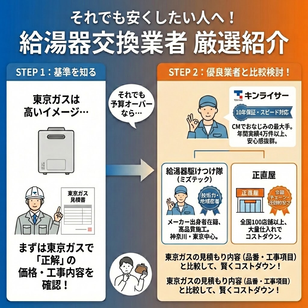 「それでも安くしたい人へ！給湯器交換業者 厳選紹介」のインフォグラフィック。STEP1「基準を知る」で東京ガスの見積もりを「正解」として確認し、予算オーバーの場合のSTEP2「優良業者と比較検討！」へ進む流れを図解。比較対象として「キンライサー（最大手・10年保証・スピード対応）」「給湯器駆けつけ隊ミズテック（技術力・地域密着）」「正直屋（全国チェーン・圧倒的安さ）」の3社をそれぞれの特徴と共に紹介し、東京ガスの見積もり内容と比較して賢くコストダウンすることを提案している。