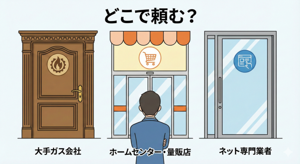 給湯器交換の依頼先3つの選択肢：大手ガス会社、ホームセンター・量販店、ネット専門業者の比較イラスト