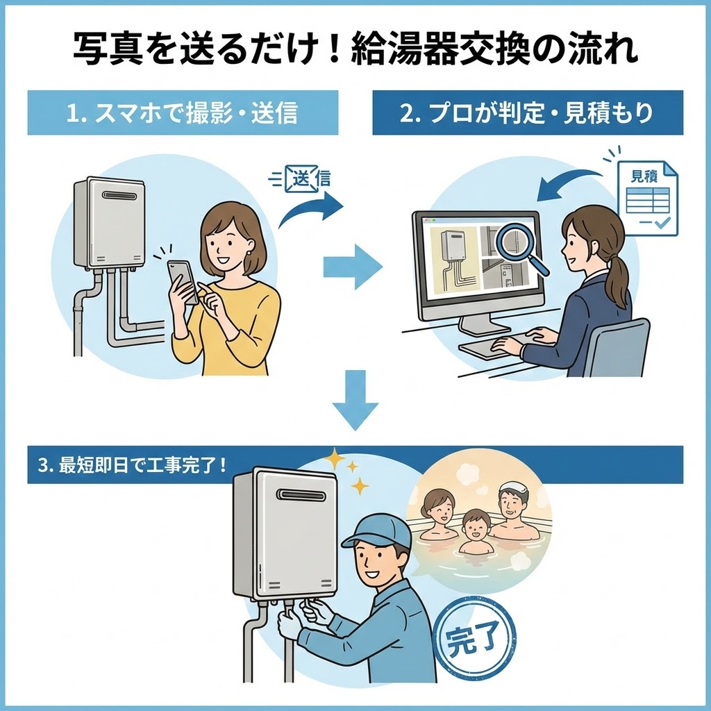 「写真を送るだけ!給湯器交換の流れ」というタイトルの3ステップ図解。ステップ1「スマホで撮影・送信」で女性が給湯器を撮影し送信、ステップ2「プロが判定・見積もり」で専門スタッフがPCで写真を解析し見積もり作成、ステップ3「最短即日で工事完了!」で作業員が設置を完了し家族がお風呂で喜ぶ様子をイラストで解説。