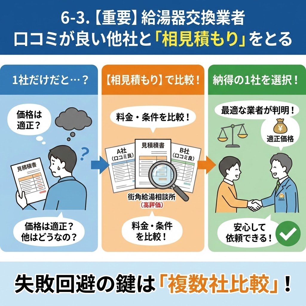 「6-3. 【重要】給湯器交換業者 口コミが良い他社と『相見積もり』をとる」と題したインフォグラフィック。1社だけの検討では価格の適正さが分からないため、口コミが良いA社、B社、街角給湯相談所など複数社で料金や条件を比較（相見積もり）し、適正価格で納得できる業者を選定する流れをイラストで解説。「失敗回避の鍵は『複数社比較』！」と強調している。
