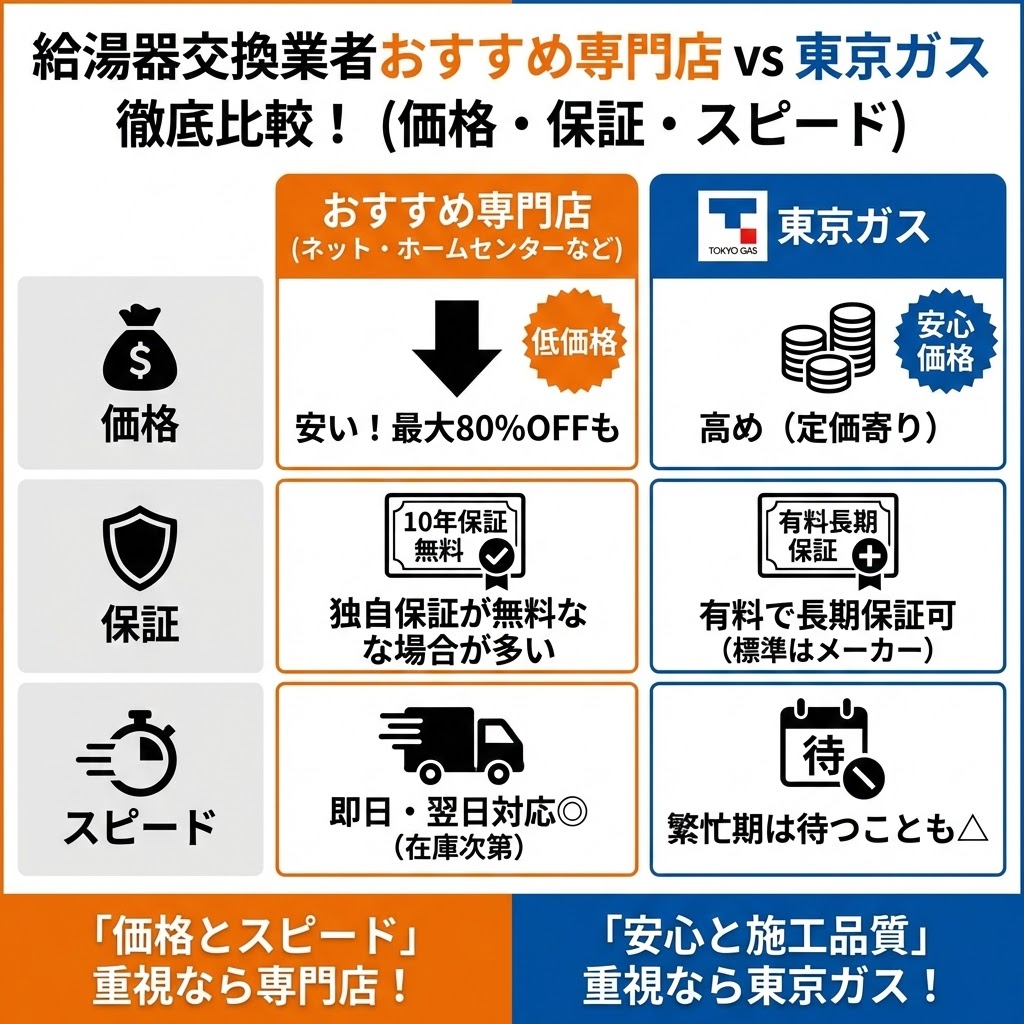 給湯器交換業者のおすすめ専門店（ネット・ホームセンターなど）と東京ガスを、価格・保証・スピードの3点で徹底比較した表形式のイラスト。価格は専門店が「安い（最大80%OFFも）」、東京ガスが「高め（定価寄り）」。保証は専門店が「独自保証無料が多い」、東京ガスが「有料長期保証可」。スピードは専門店が「即日・翌日対応◎」、東京ガスが「繁忙期は待つことも△」。結論として「価格とスピード」重視なら専門店、「安心と施工品質」重視なら東京ガスと推奨。