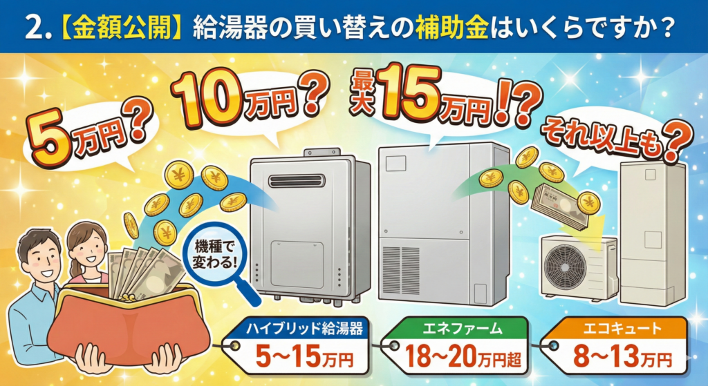 2. 【金額公開】給湯器の買い替えの補助金はいくらですか？ ハイブリッド給湯器（5~15万円）、エネファーム（18~20万円超）、エコキュート（8~13万円）の補助金額の目安と、機種によって金額が異なり最大15万円以上になる可能性を示すイラスト。