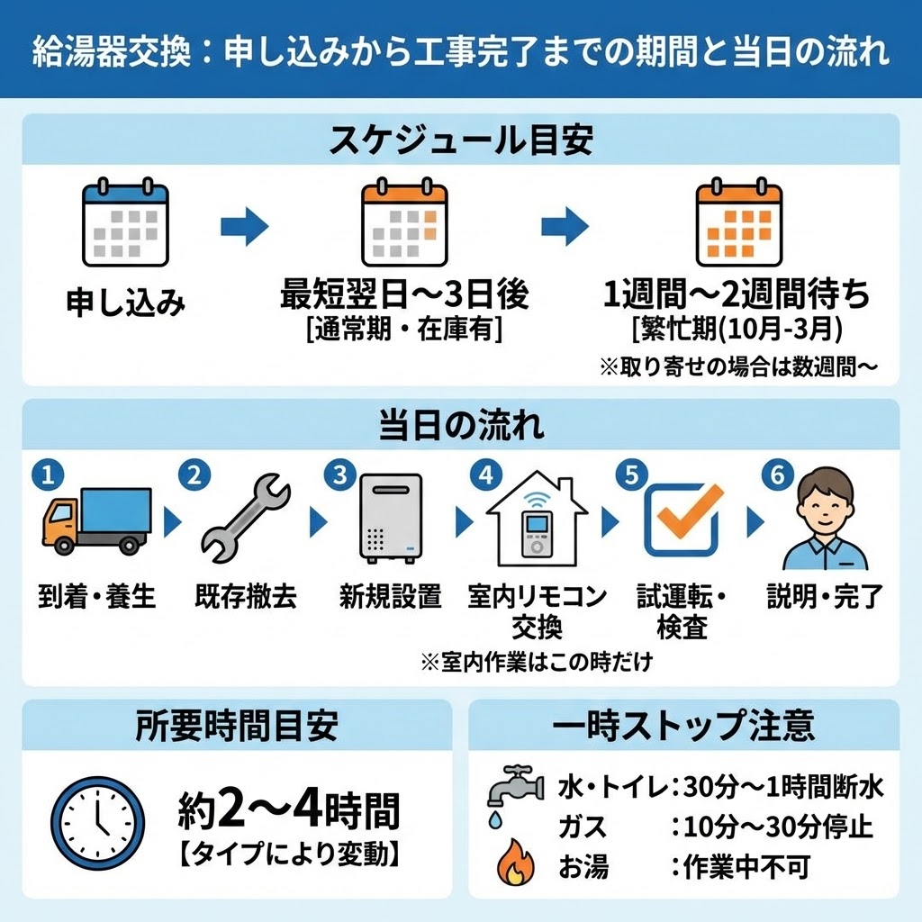 東京ガス給湯器交換の申し込みから工事完了までの期間と当日の流れを示すインフォグラフィック。スケジュール目安（通常期最短翌日〜繁忙期1〜2週間待ち）、当日の作業6ステップ（到着、撤去、設置、リモコン交換、試運転、説明）、所要時間（約2〜4時間）、工事中の一時的なライフライン停止（水・トイレ、ガス、お湯）を図解で解説している。