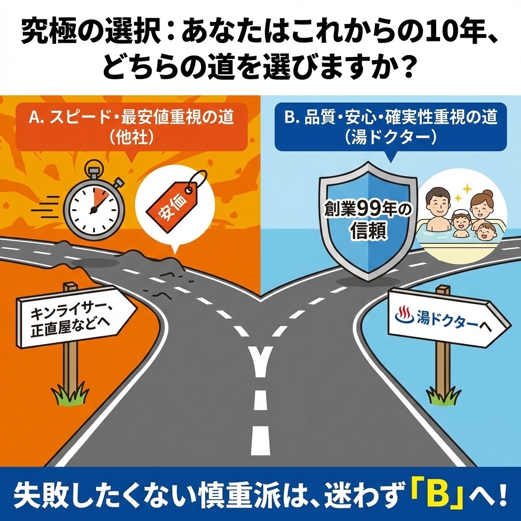 給湯器交換業者選びの究極の選択を示す図解イラスト。「A.スピード・最安値重視の道（他社：キンライサー、正直屋など）」と「B.品質・安心・確実性重視の道（湯ドクター：創業99年の信頼）」を分かれ道で比較し、「失敗したくない慎重派は、迷わず『B』（湯ドクター）へ！」と結論付けている。