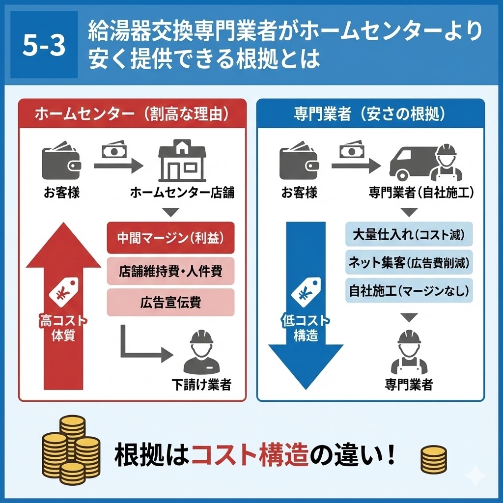 「給湯器交換専門業者がホームセンターより安く提供できる根拠とは」を図解したコスト構造の比較イラスト。ホームセンターは「中間マージン」「店舗維持費・人件費」「広告宣伝費」がかかる「高コスト体質」である一方、専門業者は「大量仕入れ」「ネット集客（広告費削減）」「自社施工（マージンなし）」による「低コスト構造」であるため、安さの根拠は「コスト構造の違い」にあることを示している。