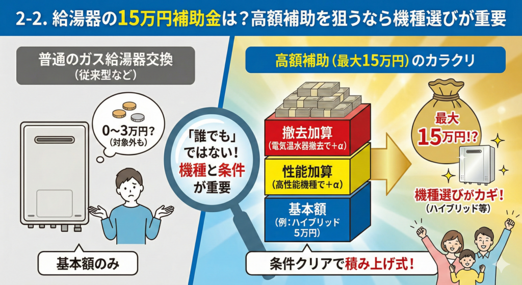2-2. 給湯器の15万円補助金は？高額補助を狙うなら機種選びが重要。普通のガス給湯器（補助金少）と、最大15万円の高額補助（基本額＋性能加算＋撤去加算の積み上げ式）の仕組みを比較した図解イラスト。