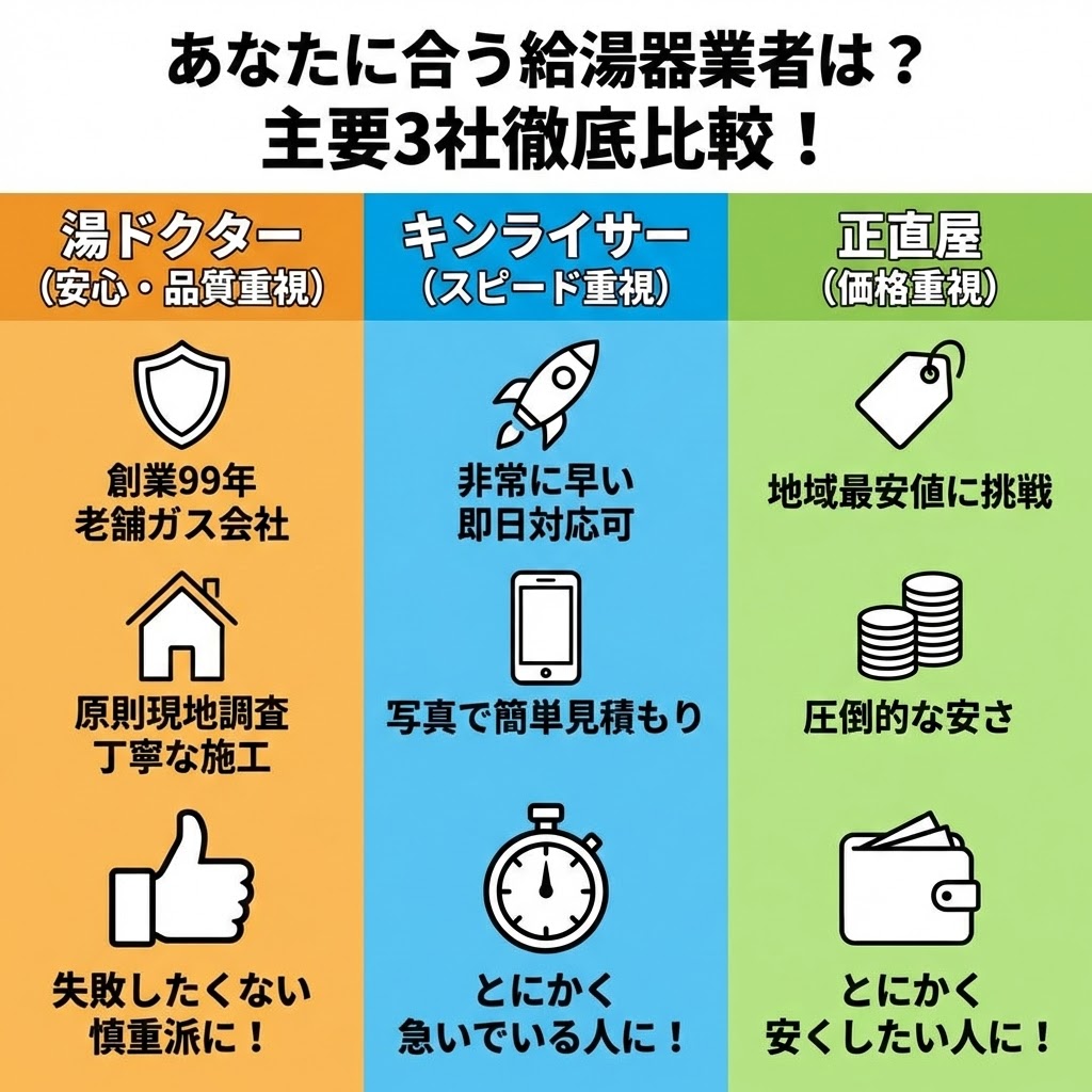 給湯器交換の主要3社（湯ドクター・キンライサー・正直屋）の特徴を比較した図解イラスト。湯ドクターは「安心・品質重視（失敗したくない慎重派）」、キンライサーは「スピード重視（とにかく急いでいる人）」、正直屋は「価格重視（とにかく安くしたい人）」として、それぞれの強みと推奨ユーザーをアイコンで分かりやすく表示している。