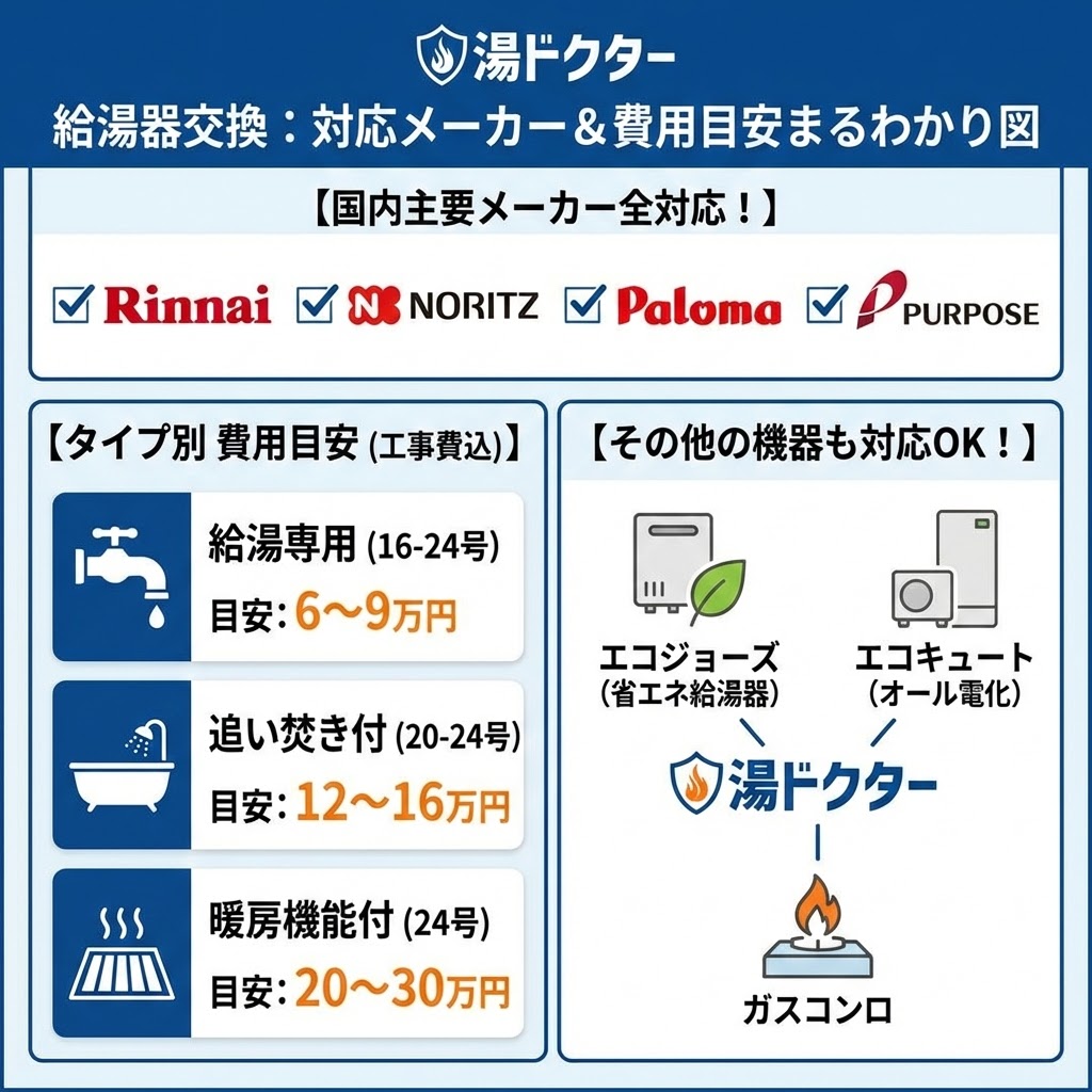 湯ドクターが対応する国内主要給湯器メーカー（リンナイ、ノーリツ、パロマ、パーパス）と、タイプ別の交換費用目安（給湯専用、追い焚き付、暖房機能付の工事費込み価格）をまとめた図解イラスト。エコジョーズ、エコキュート、ガスコンロにも対応可能であることを示している。