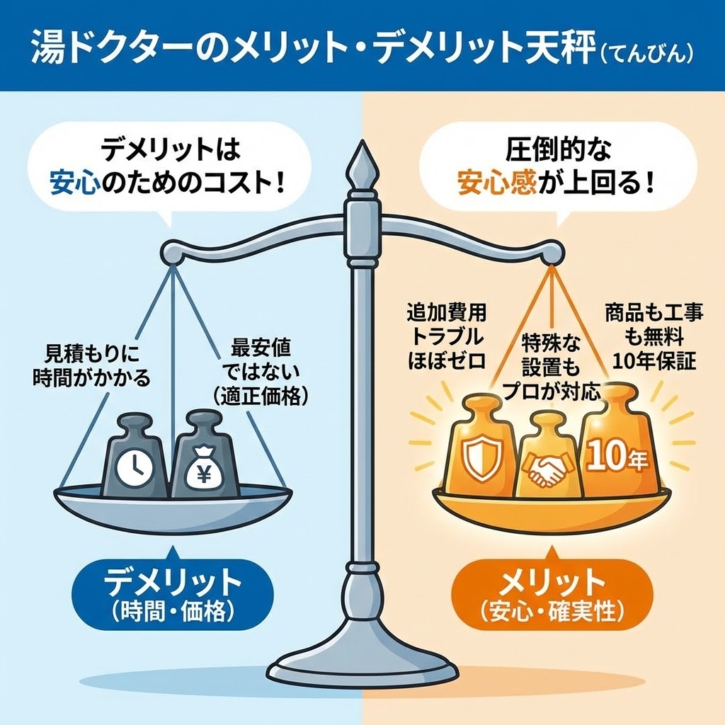 湯ドクターの給湯器交換におけるメリットとデメリットを比較した天秤（てんびん）の図解イラスト。左側（デメリット：見積もりに時間がかかる、最安値ではない適正価格）よりも、右側（メリット：追加費用トラブルほぼゼロ、特殊設置もプロが対応、商品・工事の無料10年保証）の安心感が上回ることを表現している。