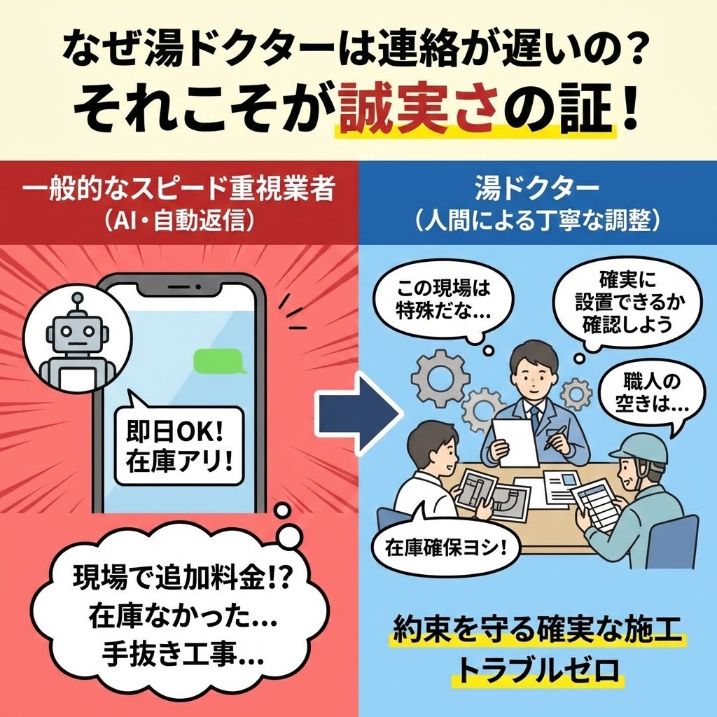 湯ドクターの連絡が遅いのは誠実さの証！一般的なスピード重視業者のAI自動返信によるトラブルリスクと、湯ドクターの人間による丁寧な事前調整（現地調査、在庫確認など）による確実な施工を比較した図解イラスト。