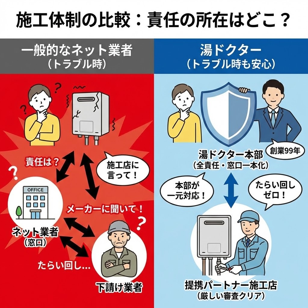 施工体制の比較図解イラスト。左側は一般的なネット業者がトラブル時に責任をなすりつけ合う「たらい回し」の混乱した構図。右側は湯ドクター本部（創業99年）が全責任を持ち、窓口を一本化することで「たらい回しゼロ」を実現する安心の体制を、顧客を守る盾のイラストと共に表現している。