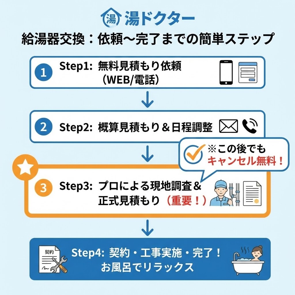 湯ドクターでの給湯器交換依頼から工事完了までの簡単な流れ（4ステップ）をまとめたフローチャート図解。特にステップ3の「プロによる現地調査と正式見積もり」の後でもキャンセル無料であることが強調されている。