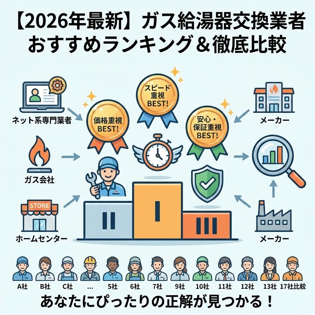 【2026年最新】ガス給湯器交換業者おすすめランキング＆徹底比較のインフォグラフィック。ネット系専門業者、ガス会社、ホームセンター、メーカーなどの依頼先を、価格重視、スピード重視、安心・保証重視の観点で比較評価し、ランキング形式（具体的な順位は記載せずメダルで表現）で図解。17社の中から「あなたにぴったりの正解が見つかる！」とアピールしている。