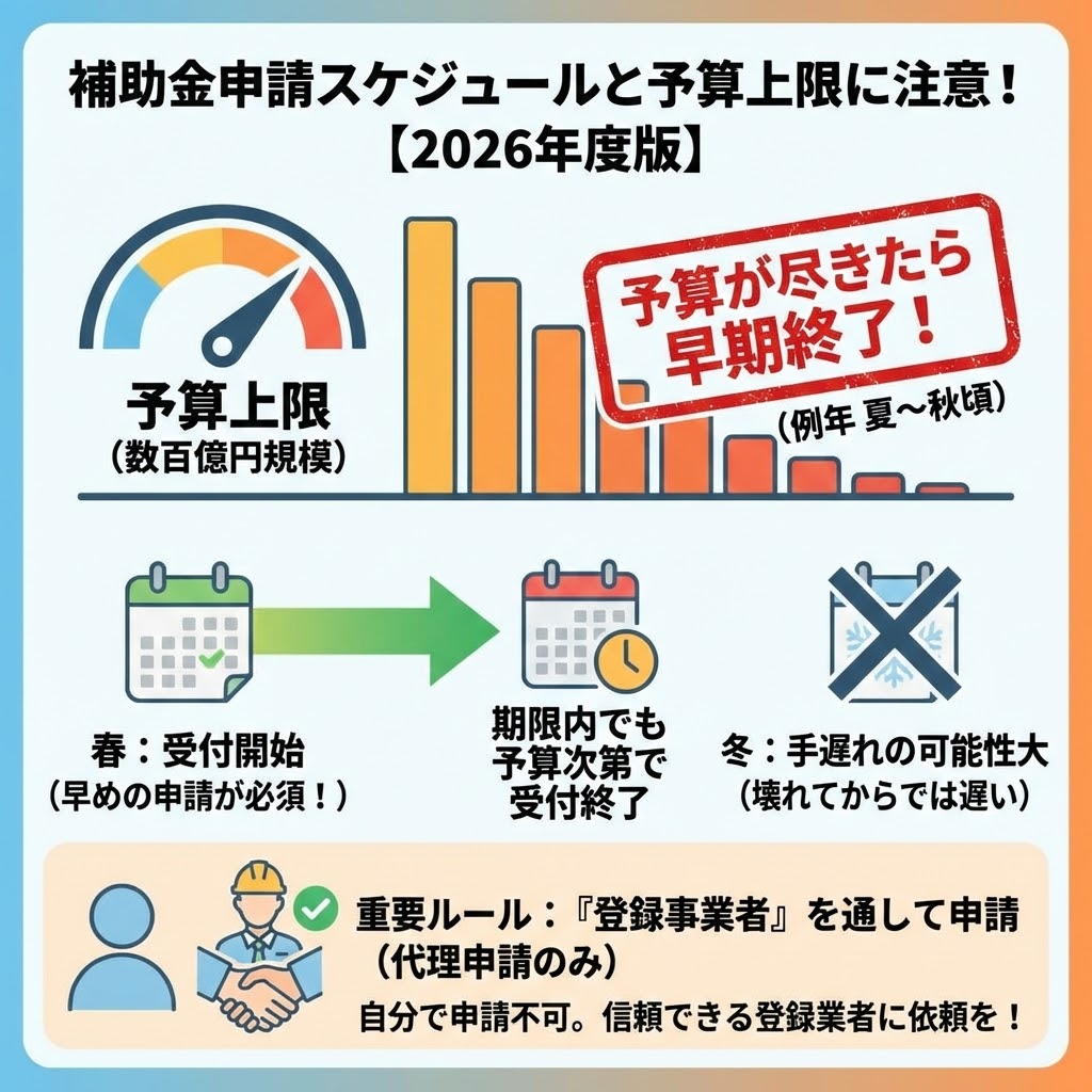 2026年度の補助金申請スケジュールと予算上限に関する注意点をまとめたインフォグラフィック。数百億円規模の予算上限があり、予算が尽きたら期限内でも早期終了（例年夏〜秋頃）するため、春の受付開始後、早めの申請が必須であることを警告。冬になって壊れてからでは手遅れの可能性が高いと示唆。また、重要なルールとして、自分で申請は不可であり、必ず「登録事業者」を通じて代理申請を行う必要があることをイラスト付きで解説している。