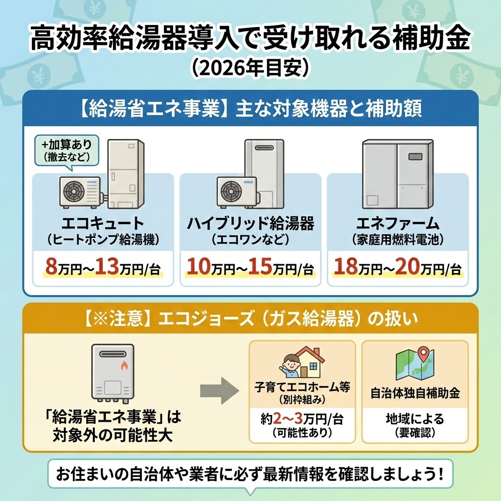 2026年目安の高効率給湯器導入で受け取れる補助金額の解説インフォグラフィック。【給湯省エネ事業】の対象として、エコキュートが8万円〜13万円/台（加算あり）、ハイブリッド給湯器が10万円〜15万円/台、エネファームが18万円〜20万円/台と記載。【注意】として、エコジョーズは「給湯省エネ事業」の対象外の可能性が高く、「子育てエコホーム等」で約2〜3万円/台、または「自治体独自補助金」（地域による）の可能性があることを図示し、最新情報の確認を促している。