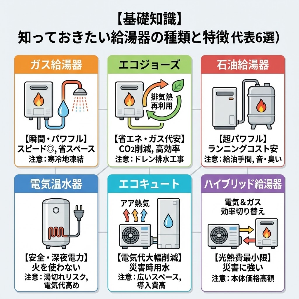 【基礎知識】知っておきたい給湯器の種類と特徴（代表6選）のインフォグラフィック。ガス給湯器（瞬間・パワフル）、エコジョーズ（省エネ・ガス代安）、石油給湯器（超パワフル）、電気温水器（安全・深夜電力）、エコキュート（電気代大幅削減）、ハイブリッド給湯器（光熱費最小限）の6種類のメリットと注意点をイラストとテキストで比較解説している図。