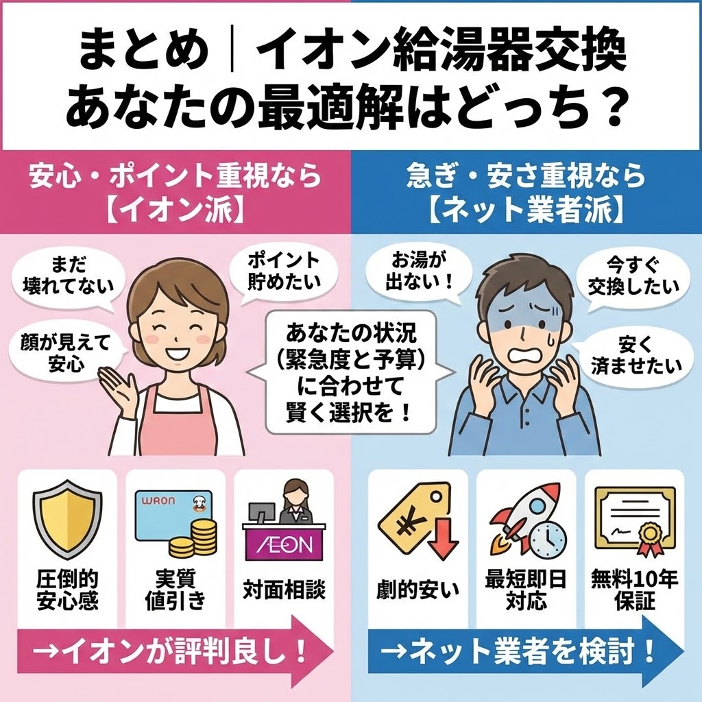 「まとめ｜イオン給湯器交換 あなたの最適解はどっち？」と題したインフォグラフィック。左側はピンク色で「安心・ポイント重視なら【イオン派】」として、笑顔の主婦と「まだ壊れていない」「顔が見えて安心」「ポイント貯めたい」の吹き出し、及び「圧倒的安心感」「実質値引き」「対面相談」のアイコンを示し、「→イオンが評判良し！」と結論。右側は青色で「急ぎ・安さ重視なら【ネット業者派】」として、焦る男性と「お湯が出ない！」「今すぐ交換したい」「安く済ませたい」の吹き出し、及び「劇的安い」「最短即日対応」「無料10年保証」のアイコンを示し、「→ネット業者を検討！」と結論。中央には「あなたの状況（緊急度と予算）に合わせて賢く選択を！」というメッセージがある。